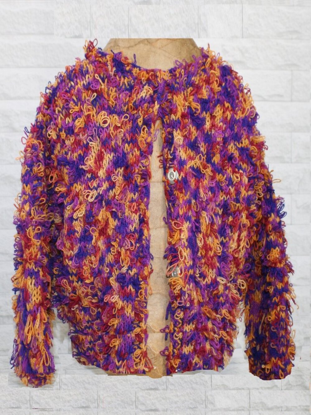 ARTISAN Handmade Kids Cardigan Sweater Loose Knit Loopy Colorful Orange Small